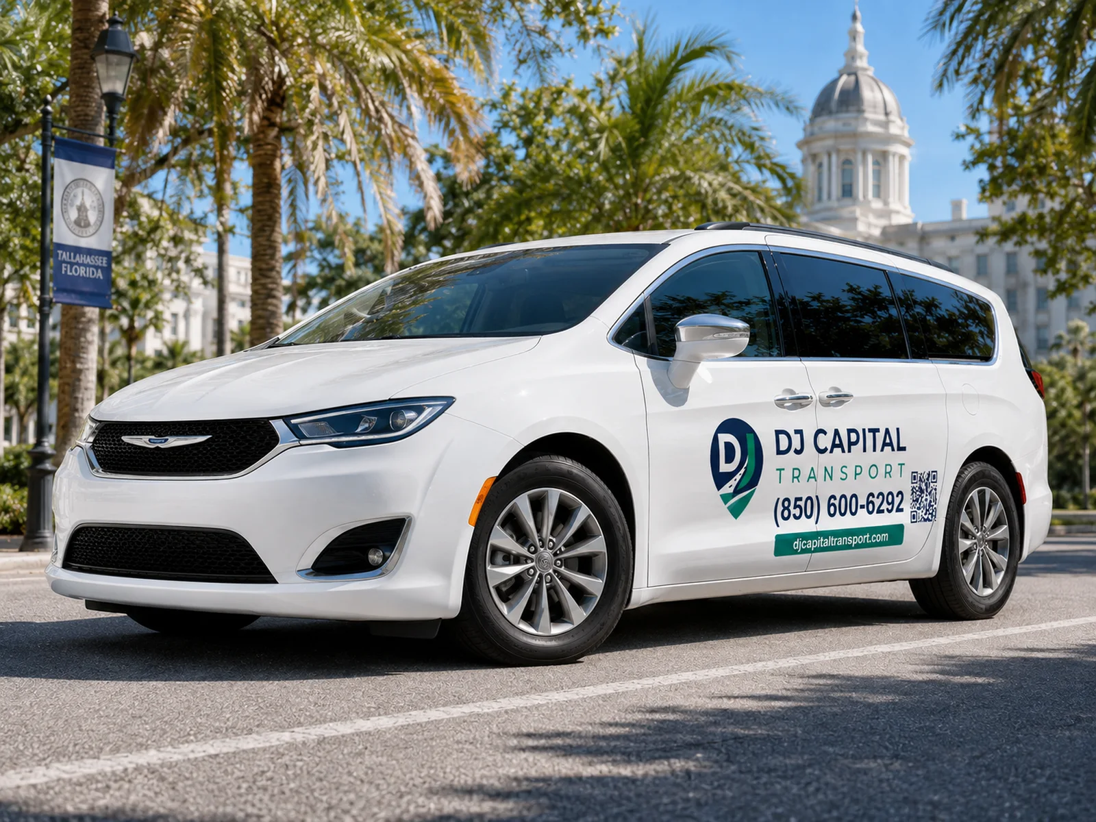 DJ Capital Transport branded minivan, three-quarter front view, near the Florida Capitol