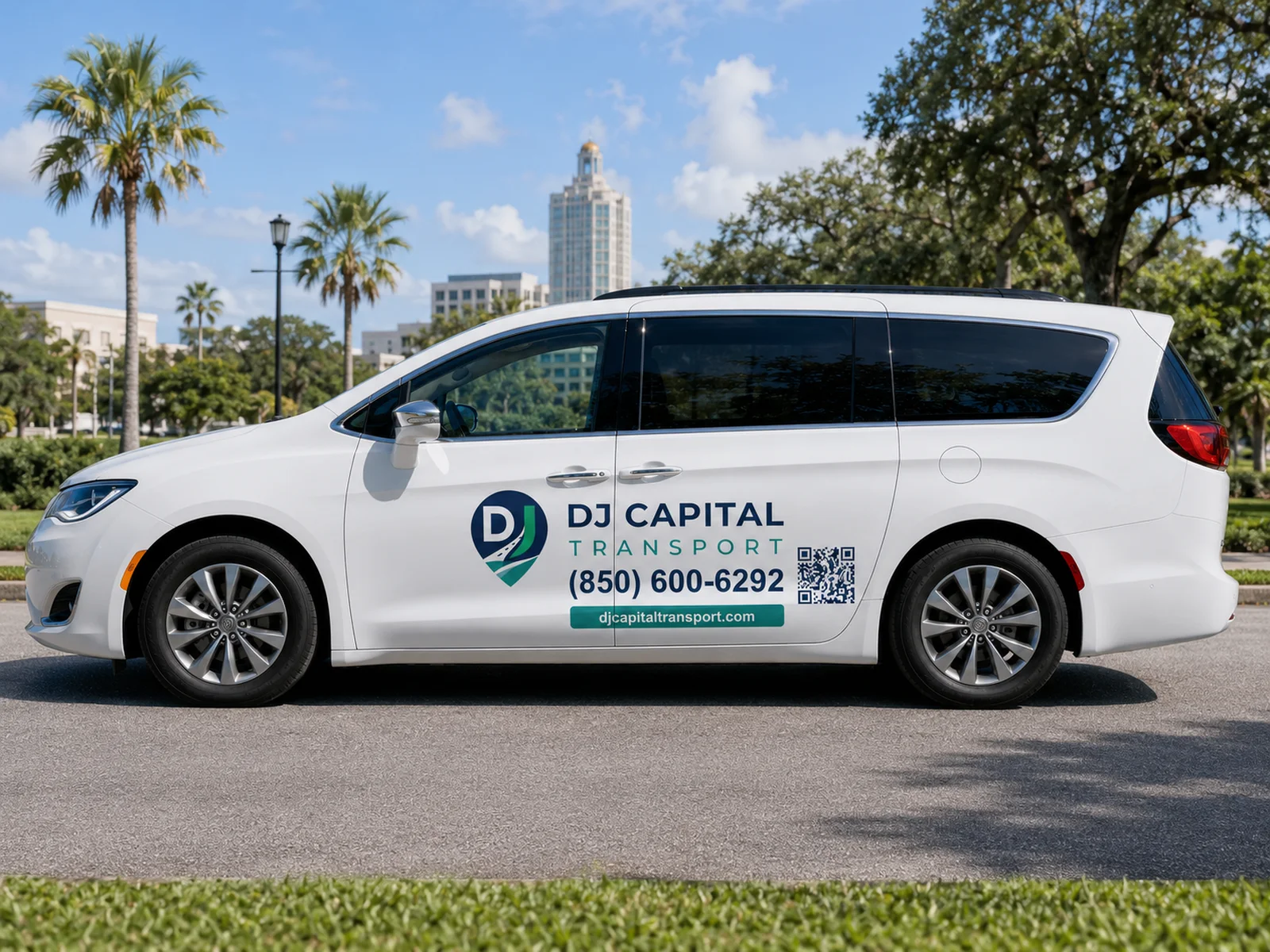 DJ Capital Transport branded minivan, side profile, downtown Tallahassee